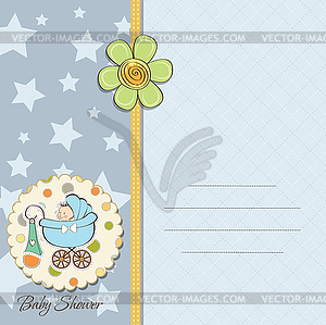 Baby boy announcement card with baby and pram - vector clipart