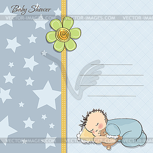 Baby shower card with little baby boy sleep with hi - vector clipart