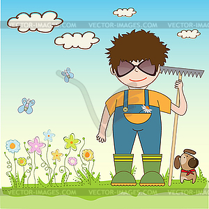 Молодой садовник, который ухаживает за цветами - изображение в векторе