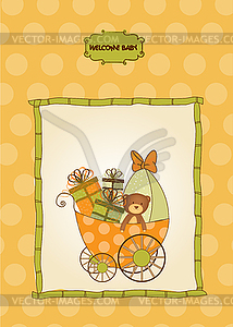 New baby announcement card with pram - vector clip art