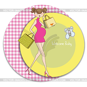 Baby announcement card with beautiful pregnant woma - vector clip art