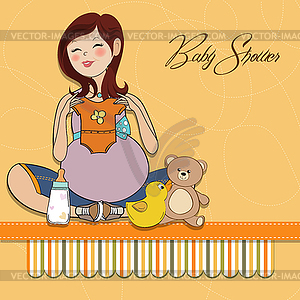 Happy pregnant woman, baby shower card - vector clipart