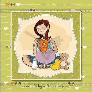 Happy pregnant woman, baby shower card - color vector clipart