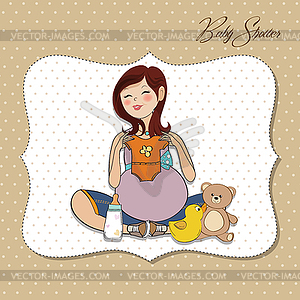 Счастливый беременная женщина, открытка на празднование появления ребенка - векторный графический клипарт