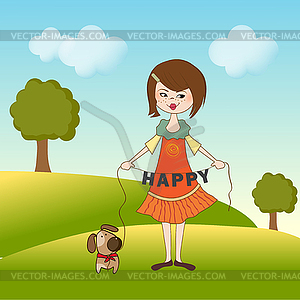 Happy girl with cute dog - royalty-free vector clipart