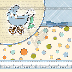 Baby boy announcement card with baby and pram - color vector clipart