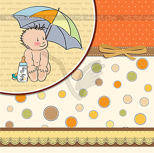 Baby boy shower card with funny baby under his - vector clipart