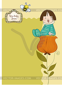 Greeting card with baby sitting on flower - vector clip art