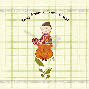 Greeting card with baby sitting on flower - vector clip art