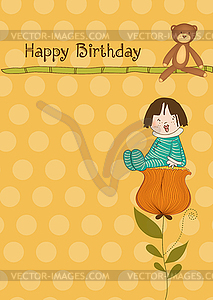 Greeting card with baby sitting on flower - vector image