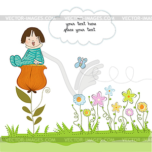 Greeting card with baby sitting on flower - vector clip art