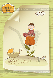 Greeting card with baby sitting on flower - vector image