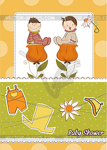 Greeting card with baby sitting on flower - vector clipart