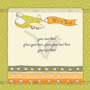 New baby announcement card with airplane - color vector clipart