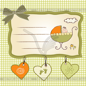 Baby boy announcement card with baby and pram - vector clipart