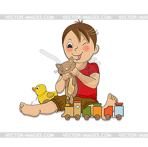 Маленький мальчик играет со своими игрушками - иллюстрация в векторном формате