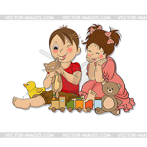Девочка и мальчик играет с игрушками - векторная графика