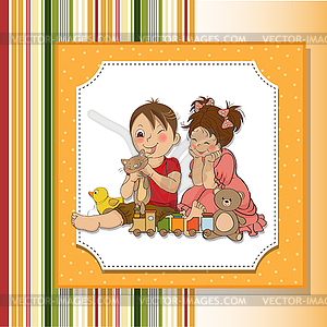 Girl and boy plays with toys - vector clip art