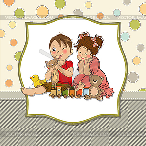 Girl and boy plays with toys - vector clip art