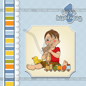 Little boy are playing with his toys - vector image