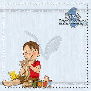 Little boy are playing with his toys - vector clipart