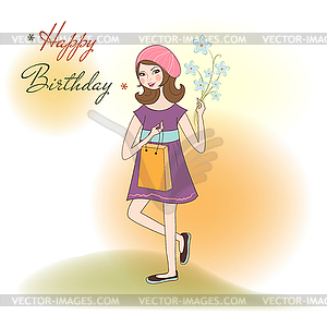 Pretty girl with gift and flowers. birthday card - vector clipart / vector image