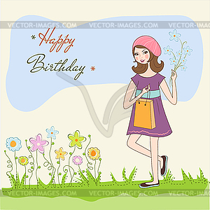 Pretty girl with gift and flowers. birthday card - vector image