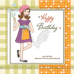 Pretty girl with gift and flowers. birthday card - vector clipart