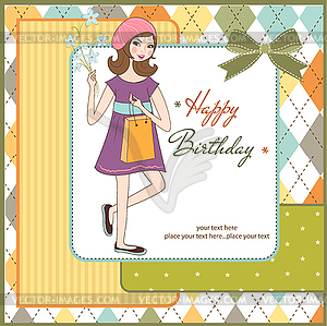 Pretty girl with gift and flowers. birthday card - color vector clipart