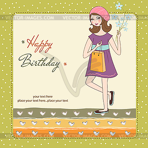 Pretty girl with gift and flowers. birthday card - vector image