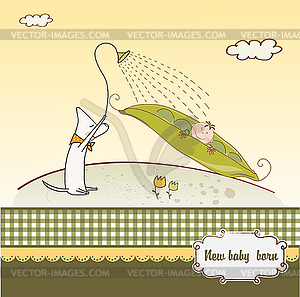 Little boy sleeping in pea been, baby announcement - color vector clipart