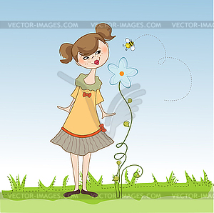 Small young lady who smells flower - vector clip art