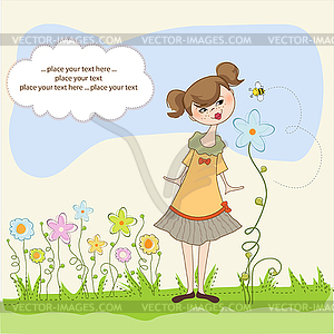 Small young lady who smells flower - vector clipart