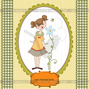 Small young lady who smells flower - vector image