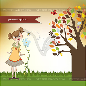 Small young lady who smells flower - vector image