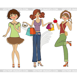 Three cute fashion girls - vector clipart