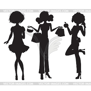 Silhouette of three cute fashion girls - vector clip art