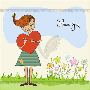 Romantic young girl with big heart - vector clipart