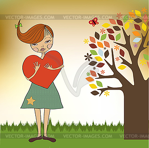 Romantic young girl with big heart - vector clipart