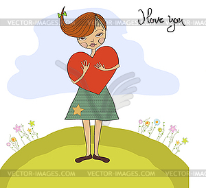 Romantic young girl with big heart - vector image