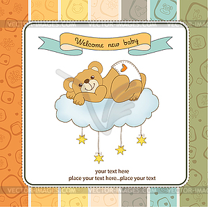 Baby shower card with sleepy teddy bear - color vector clipart