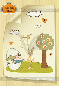 Welcome baby card with broken egg and little baby - vector clipart