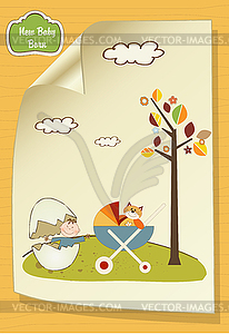 Welcome card with broken egg and carriage - vector image