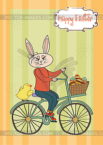 Easter bunny with basket of Easter eggs - royalty-free vector clipart