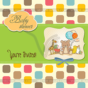 Baby shower card with toys - vector image