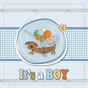 Baby boy shower card with long dog and balloons - vector image