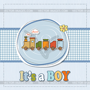 Baby boy shower card with toy train - vector clipart