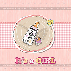 New baby girl announcement card with milk bottle an - vector image