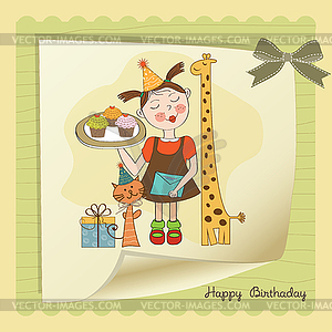 Happy Birthday card with funny girl, animals and - vector clipart