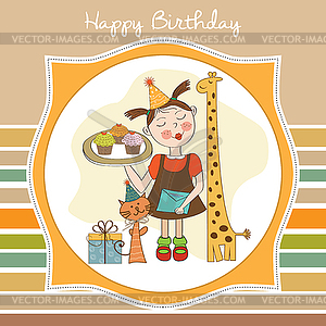 Happy Birthday card with funny girl, animals and - vector clipart